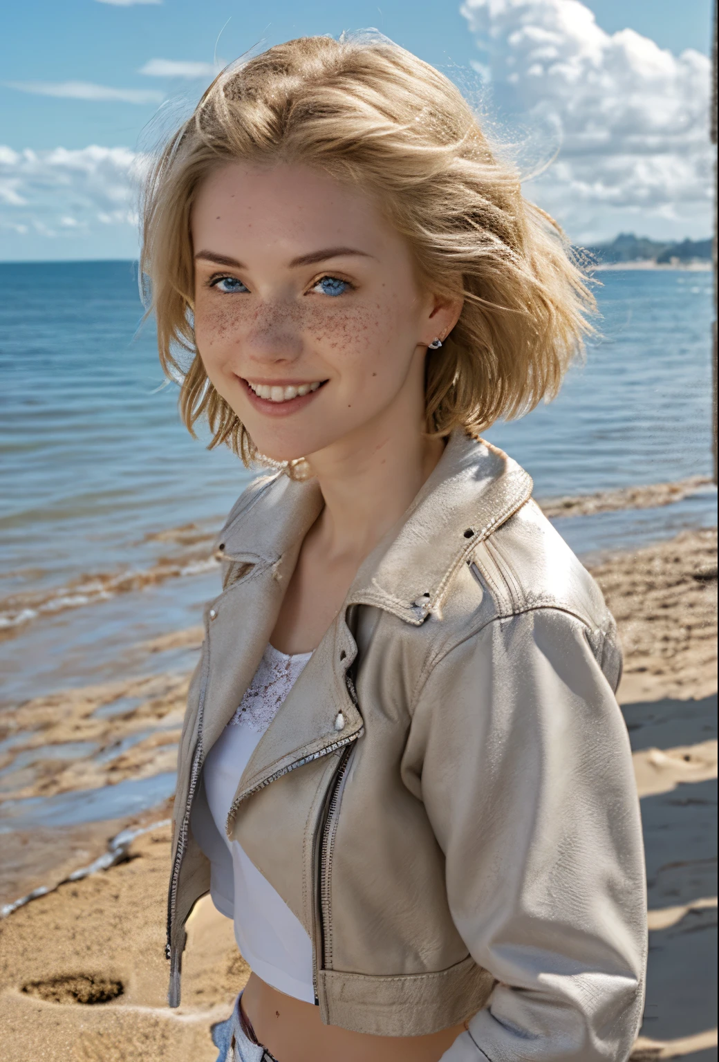 A 21-year-old girl named Kate with short blonde hair, beautiful medium-sized breasts, and a height of 1.60 meters. She has a British white style and light blue eyes. Kate is beautiful, with an angelic face and freckles around her nose. She is wearing a beige women's leather jacket with a white shirt, very light jeans, and white sneakers. Kate is at the beach, shown in a side portrait smiling, with the sea in the background on a cloudy day with a few rays of sunlight.