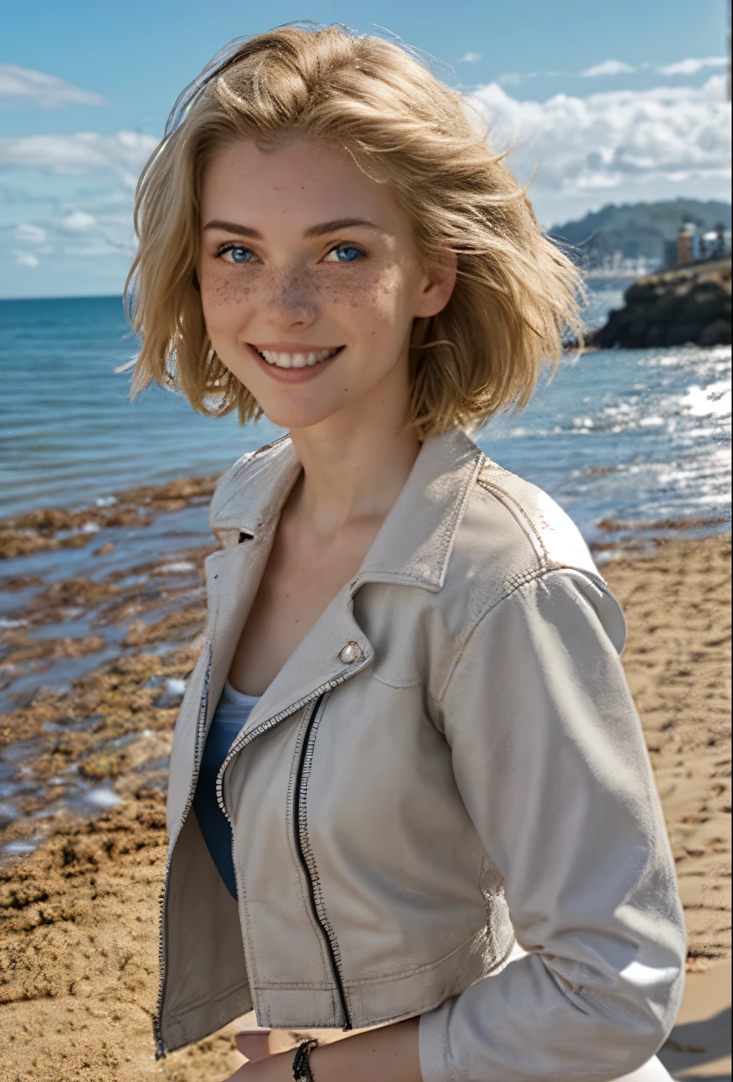 A 21-year-old girl named Kate with short blonde hair, beautiful medium-sized breasts, and a height of 1.60 meters. She has a British white style and light blue eyes. Kate is beautiful, with an angelic face and freckles around her nose. She is wearing a beige women's leather jacket with a white shirt, very light jeans, and white sneakers. Kate is at the beach, shown in a side portrait smiling, with the sea in the background on a cloudy day with a few rays of sunlight.