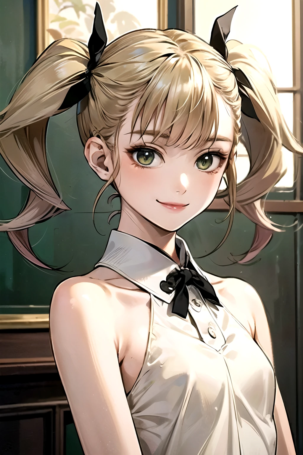 ((best quality)), ((masterpiece)), (detailed), perfect face. Asian girl. Blonde. Twintail. Black ribbon. Green eyes. Topless. Small breast. Smile.