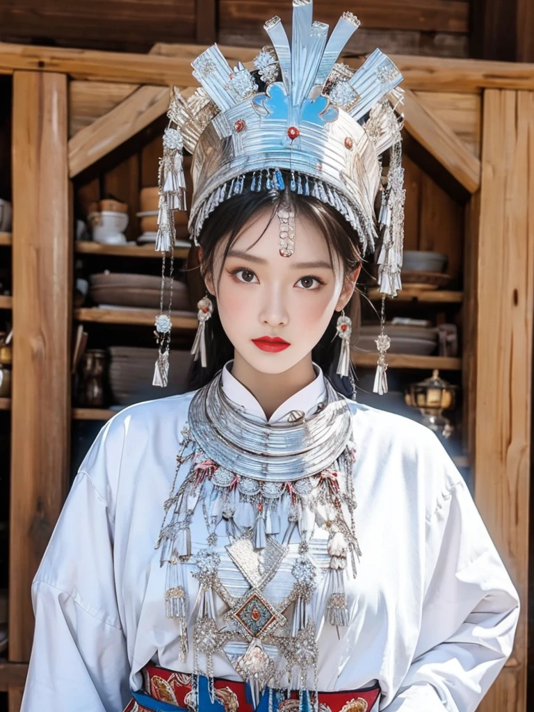 （8K，best quality，masterpiece：1.2），Ultra-high detail，Professional lighting，best quality，Ultra-high resolution，Visually stunning，（1 girl：1.1），（Miao costumes and headdresses），Real human skin，（Perfect body 1.9）Super delicate face。