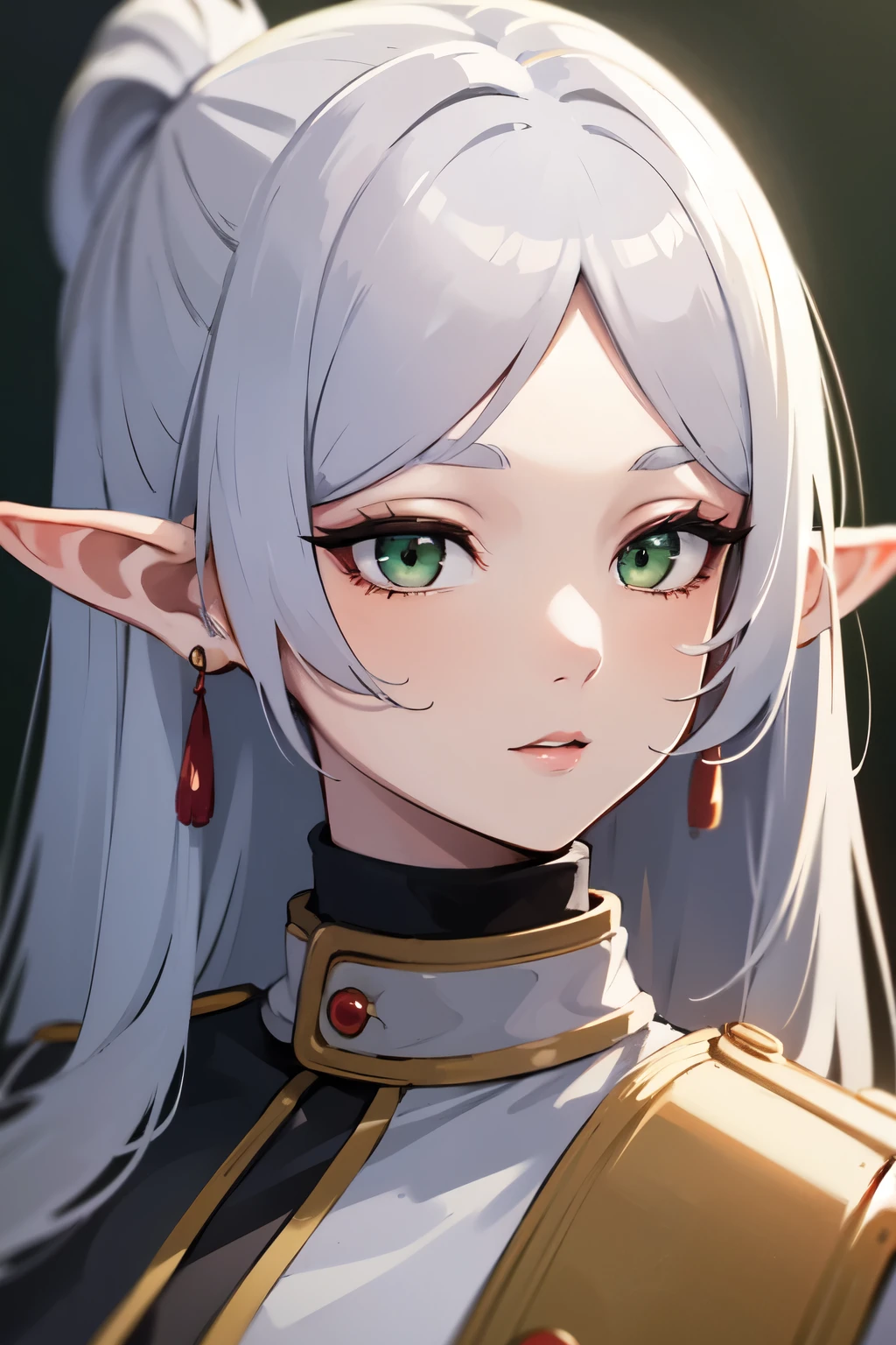 ((mejor calidad)), ((obra maestra)), (detallado), cara perfecta. niña asiatica. Cabello plateado. ojos verdes. orejas de elfo.