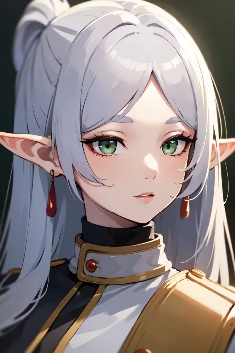 ((best quality)), ((masterpiece)), (detailed), perfect face. Asian girl. Silver hair. Green eyes. Elf ears.