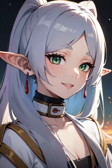 ((best quality)), ((masterpiece)), (detailed), perfect face. Asian girl. Silver hair. Green eyes. Elf ears. Smile.