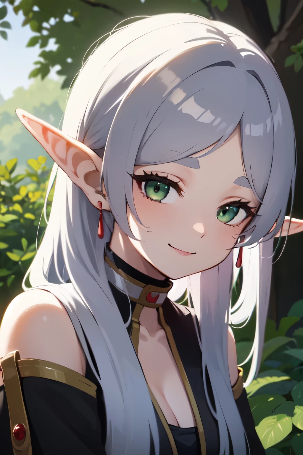((mejor calidad)), ((obra maestra)), (detallado), cara perfecta. niña asiatica. Cabello plateado. ojos verdes. orejas de elfo. sonrisa.