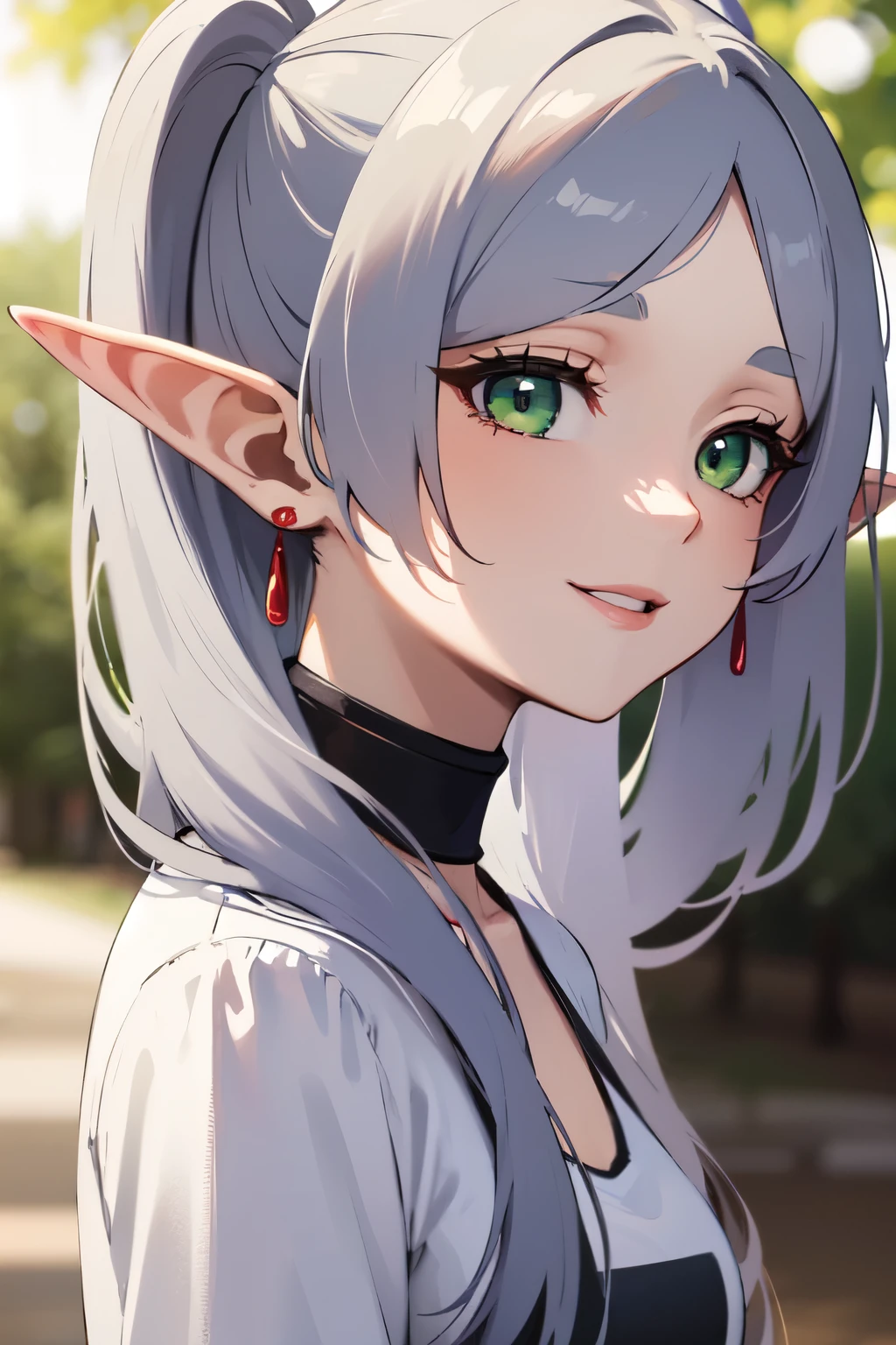 ((best quality)), ((masterpiece)), (detailed), perfect face. Asian girl. Silver hair. Green eyes. Elf ears. Smile. T-shirt.