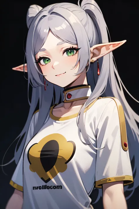 ((best quality)), ((masterpiece)), (detailed), perfect face. asian girl. silver hair. green eyes. elf ears. smile. t-shirt.