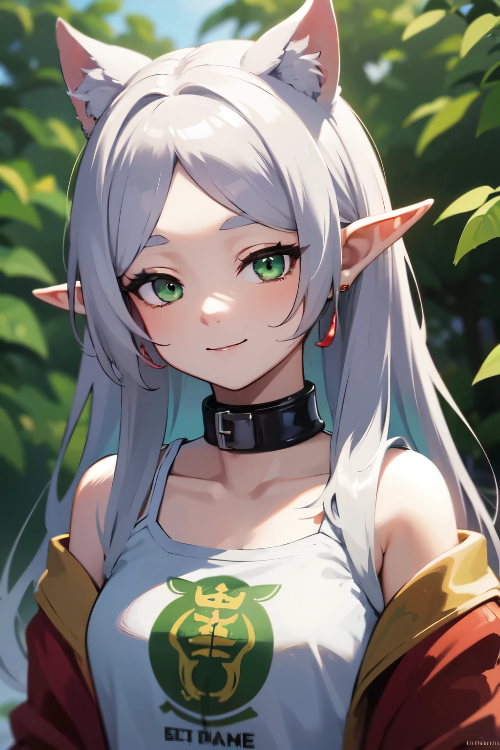 ((mejor calidad)), ((obra maestra)), (detallado), cara perfecta. niña asiatica. Cabello plateado. ojos verdes. orejas de elfo. sonrisa. camiseta.