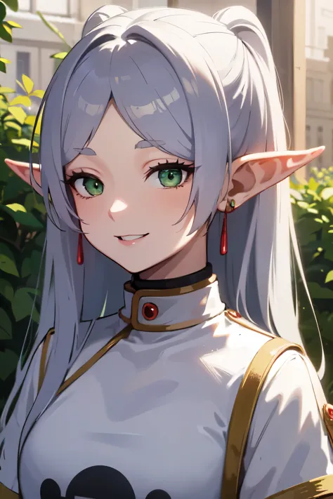 ((best quality)), ((masterpiece)), (detailed), perfect face. asian girl. silver hair. green eyes. elf ears. smile. t-shirt.