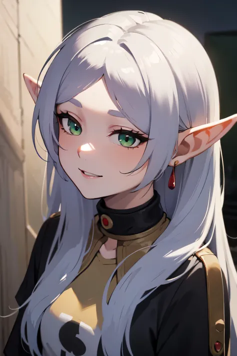 ((best quality)), ((masterpiece)), (detailed), perfect face. Asian girl. Silver hair. Green eyes. Elf ears. Smile. T-shirt.