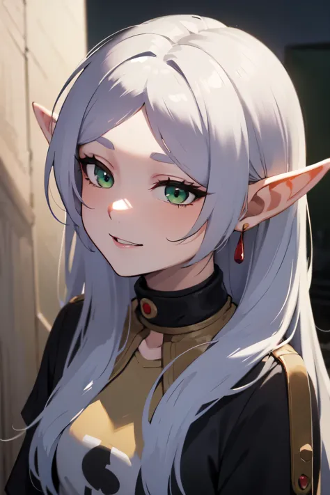 ((best quality)), ((masterpiece)), (detailed), perfect face. asian girl. silver hair. green eyes. elf ears. smile. t-shirt.