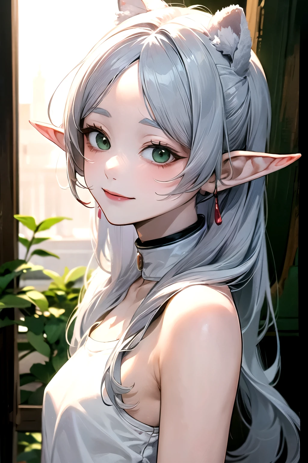 ((mejor calidad)), ((obra maestra)), (detallado), cara perfecta. niña asiatica. Cabello plateado. ojos verdes. sonrisa. top-less. pequeña mama. orejas de elfo.