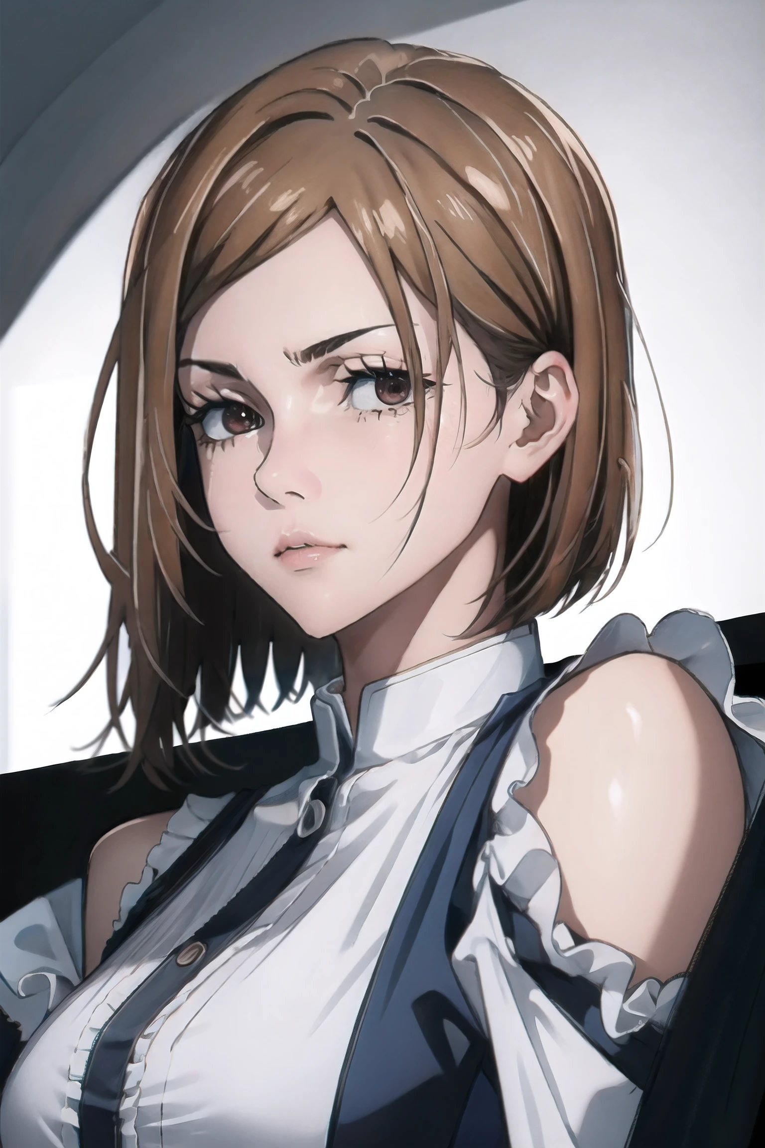 brown hair, Brown eyes, short hair, Shut up, Bangs, Looking at the audience、Large Breasts、Fashiotomically correct, super detail, 4K, textured skin, high quality, highres, super detail, masterpiece，（（Delicate face）），（（beautiful eyes））。(highres:1.1),(absurdres:1.2