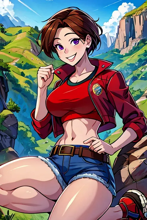 june, brown hair, purple eyes, (wearing: opened red jacket, crop-top, denim short shorts, belt and hiking shoes), (thrilled smil...