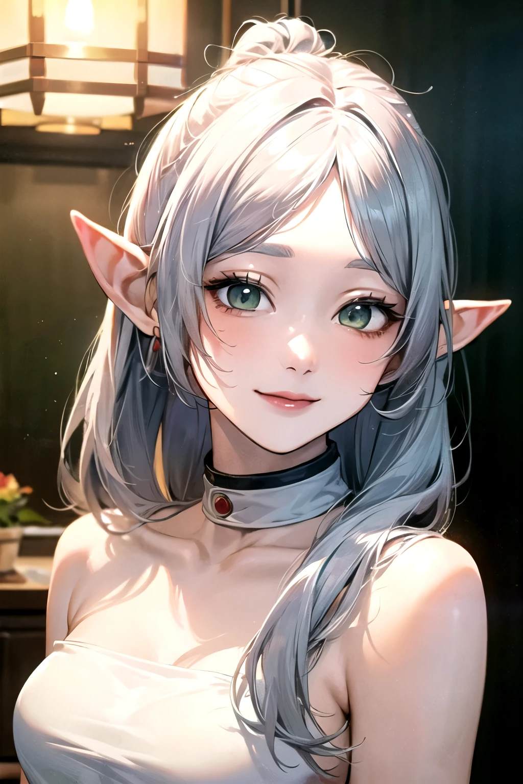 ((best quality)), ((masterpiece)), (detailed), perfect face. Asian girl. Silver hair. Green eyes. Smile. Topless. Medium breast. Elf ears.