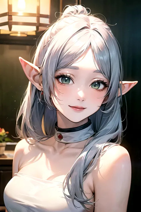 ((best quality)), ((masterpiece)), (detailed), perfect face. Asian girl. Silver hair. Green eyes. Smile. Topless. Medium breast....