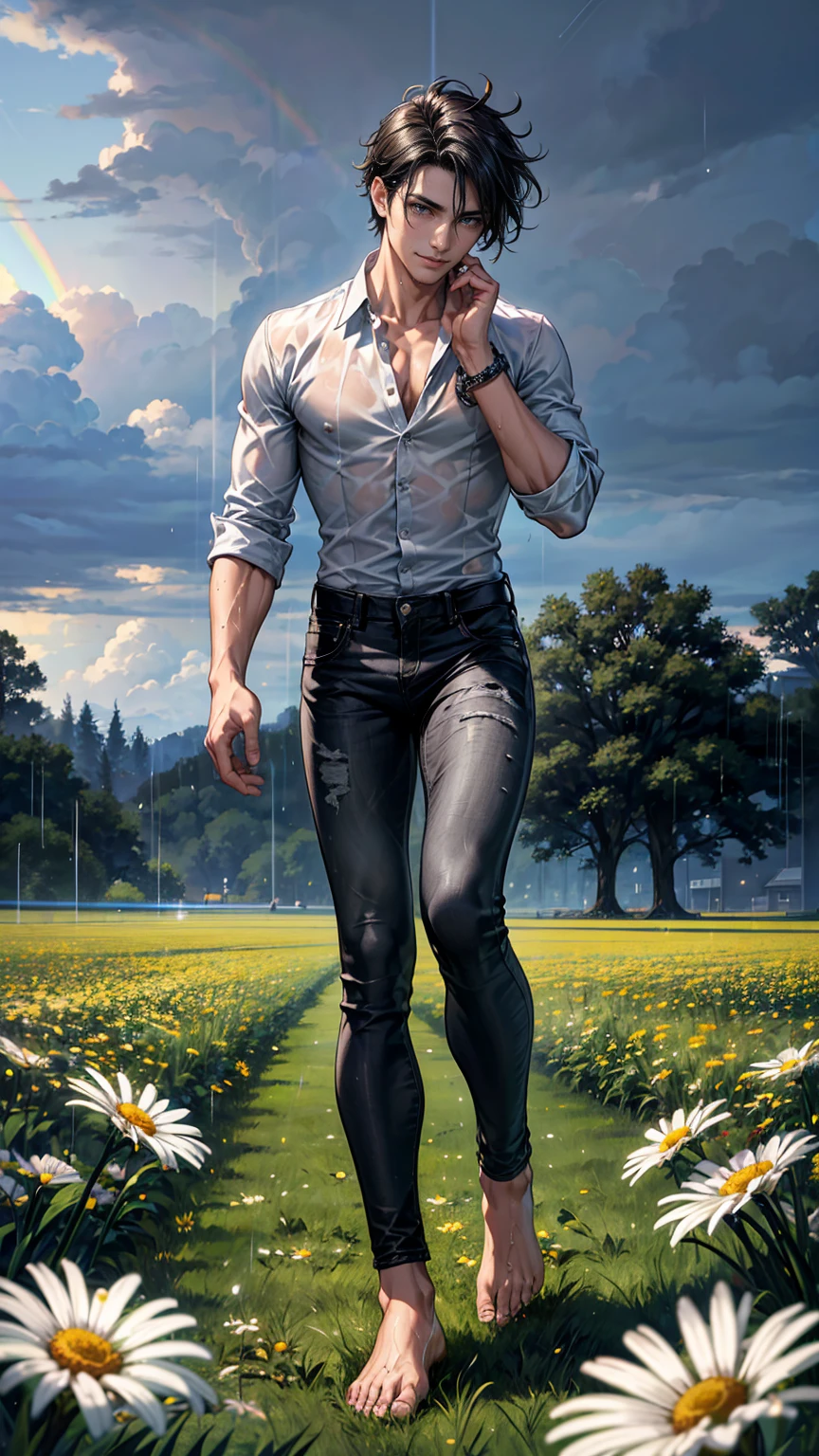 (masterpiece, Best quality, a high resolution, ultra detailed),(Beautiful and aesthetically pleasing:1.2), detailed eyes and face, whole body, 1 man, adult, (black hair), wild hair, (grey eyes), male body, athletic body, perfect body, flirtatious smile, ardent look, light white unbuttoned shirt, black jeans, bare feet,  field with flowers, field with daisies, relax on the field, summer, storm, lightning, rain,wet skin, water droplets on the skin, wet shirt, a rainbow is on the sky,storm black clouds
