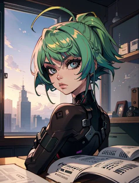 (masterpiece:1.2),(best quality:1.2),(high resolution:1.2)
 cyberjudy, 1girl, solo, asymmetrical hair, green hair, pink hair, br...