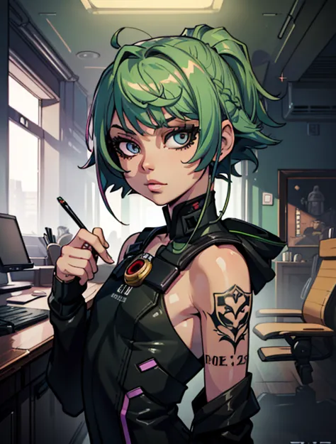 (masterpiece:1.2),(best quality:1.2),(high resolution:1.2)
 cyberjudy, 1girl, solo, asymmetrical hair, green hair, pink hair, br...