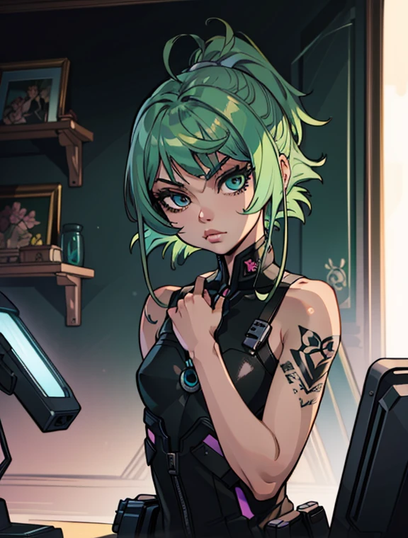 (masterpiece:1.2),(best quality:1.2),(high resolution:1.2)
 CyberJudy, 1girl, solo, asymmetrical hair, green hair, pink hair, brown eyes, tattoo,  ilya kuvshinov, artgerm