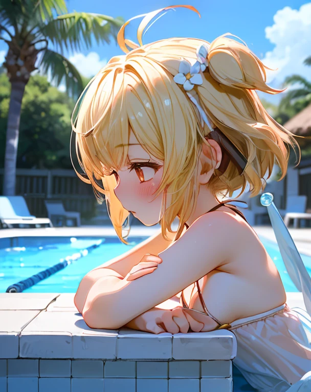 pillow,Outdoor,((Pool,White micro bikini,just))(highest quality), (masterpiece), (High resolution), original, Very detailed8K壁紙,((Very detailed)), Very detailed,(1 girl, alone:1.2), (blush:1.2),,,((High resolution)),(Small breasts:1.10),(highest quality:1.2)Small breasts, Are sleeping,landscape,Side view,Upper body close-up(transparent),