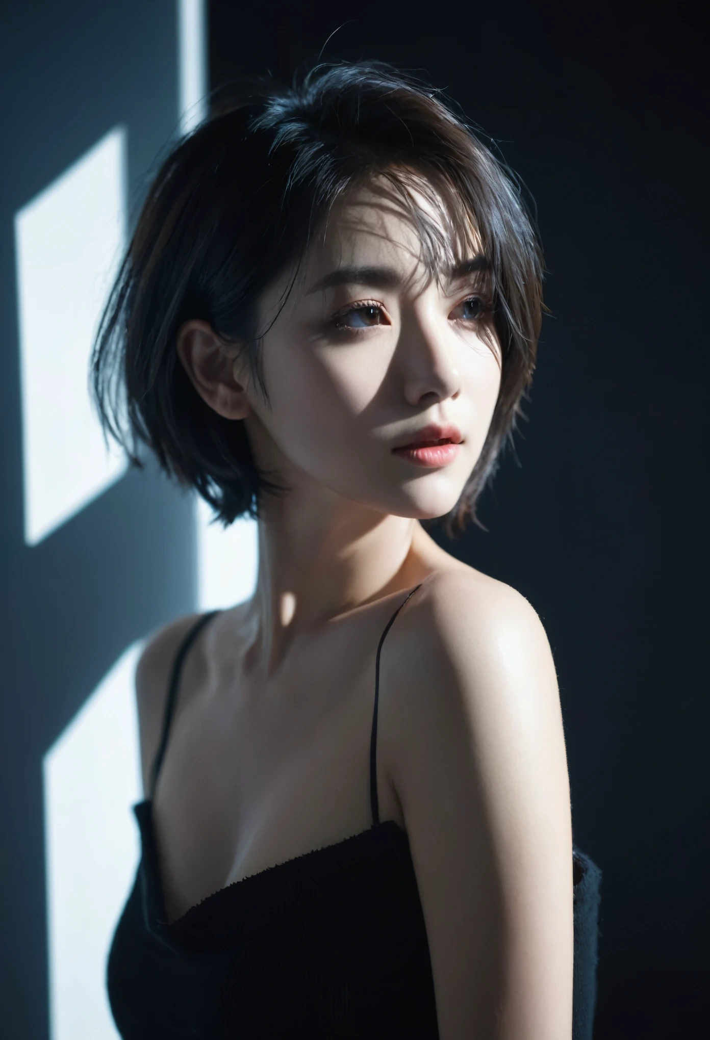 best quality, masterpiece, Ultra-high resolution, (Reality:1.5), RAW photos, 1 Girl, Off-shoulder, in the darkness, Deep Shadows, Low profile, Cold Light, Sexy look, short hair,xxmixgirl,Inlet, Half-length photo,National Foundation
