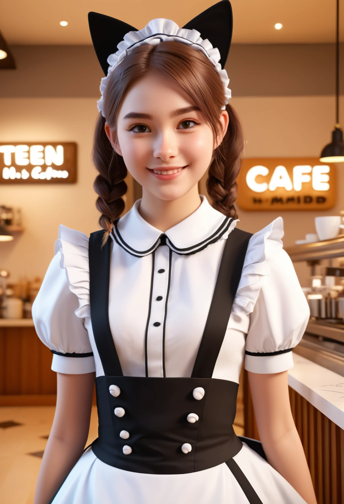 A close up of a woman in a maid outfit standing in a restaurant - SeaArt AI