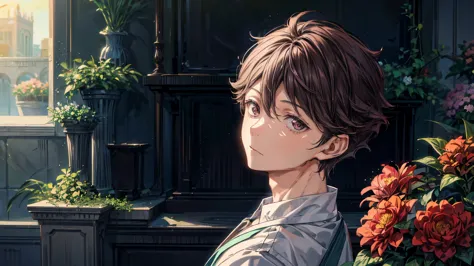 1 man, oikawa tooru, looking in front, facing forward, looking at viewer, perfect face, flowers, plants, cinematic lighting, inn...