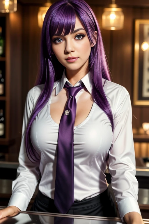 1girl, solo, bangs, blush, hand on own chest, jill stingray, long sleeves, looking at viewer, purple hair, medium breasts, necktie, shirt, solo, upper body, vest,  bartender, vest, white shirt,