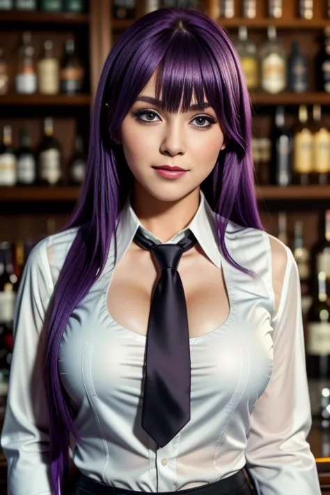 1girl, solo, bangs, blush, hand on own chest, jill stingray, long sleeves, looking at viewer, purple hair, medium breasts, neckt...