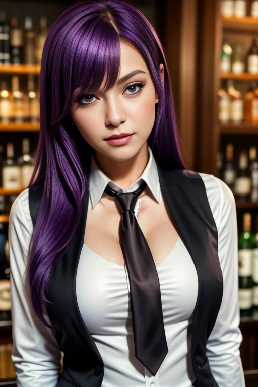 1girl, solo, bangs, blush, hand on own chest, jill stingray, long sleeves, looking at viewer, purple hair, medium breasts, necktie, shirt, solo, upper body, vest,  bartender, vest, white shirt,