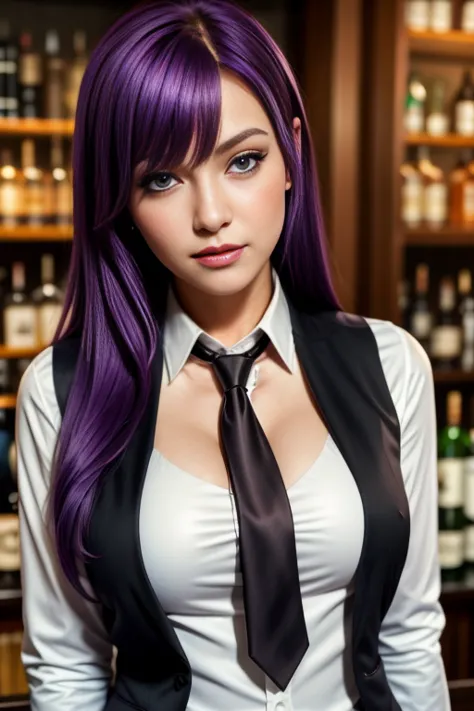 1girl, solo, bangs, blush, hand on own chest, jill stingray, long sleeves, looking at viewer, purple hair, medium breasts, neckt...