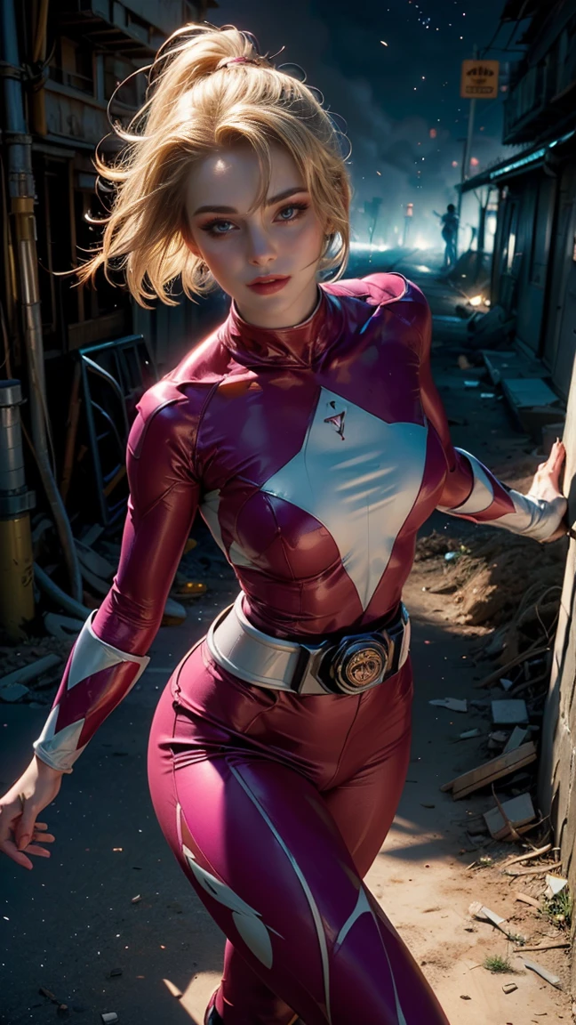 desde arriba, Una imagen Hyperrealista, ((Sexy power ranger, short blonde hair, beautiful eyes, pale body, neckline, dynamic view, without helmet, running into the battle with aliens, animal zorg on his back. light energy particles, power ranger sensual suit. zorg at the background, raytraced, viento, paisaje de ciudad futurista, (aesthetics and atmosphere:1.2), poder, ranger, valentia, ojos verdes, medio cuerpo. (foto cruda, mejor calidad), (realista, photo-realista:1.3), Obra maestra, un extremadamente perfecto y hermoso cuerpo, labios sexys rojos, cuerpo palido extremadamente detallado, Best quality score, ultra dynamic view, close up, high view, power rangers atmosphere. blonde hair