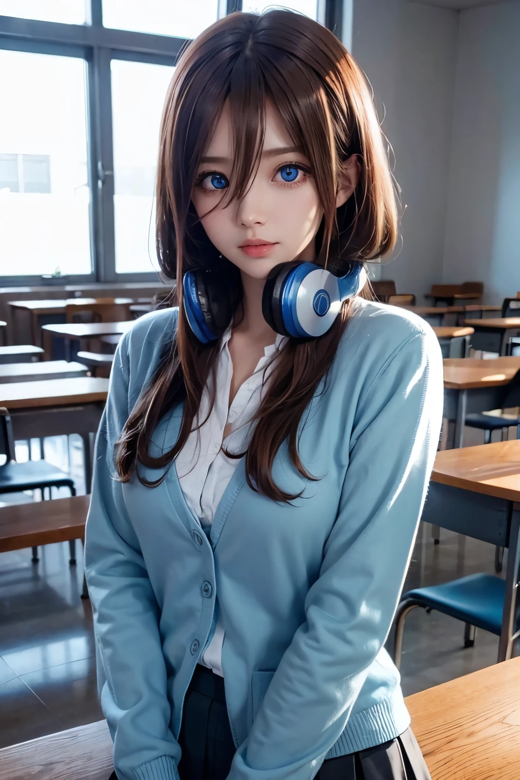 mikunakano, miku nakano, long hair, bangs, blue eyes, brown hair, shirt, hair between eyes, headphones, cardigan, headphones around neck,
BREAK skirt, shirt, long sleeves, white shirt, pantyhose, pleated skirt, black pantyhose, cardigan, green skirt, blue cardigan,
BREAK indoors, classroom,
BREAK looking at viewer, BREAK (masterpiece:1.2), best quality, high resolution, unity 8k wallpaper, (illustration:0.8), (beautiful detailed eyes:1.6), extremely detailed face, perfect lighting, extremely detailed CG, (perfect hands, perfect anatomy),