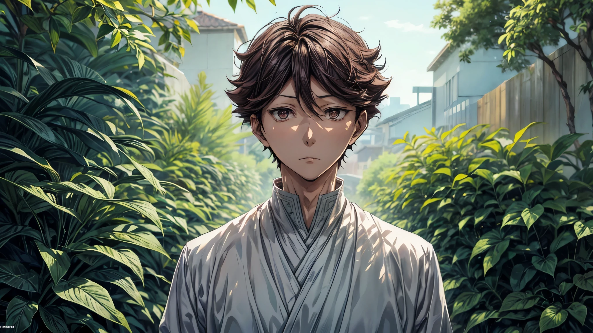 1 man, oikawa tooru, looking in front, facing forward, looking at viewer, perfect face, flowers, plants, cinematic lighting, innocent expression, prince outfit, detailed shading, details
