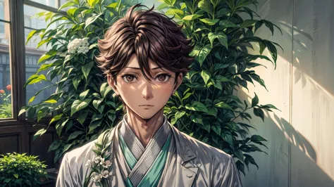 1 man, oikawa tooru, looking in front, facing forward, looking at viewer, perfect face, flowers, plants, cinematic lighting, inn...