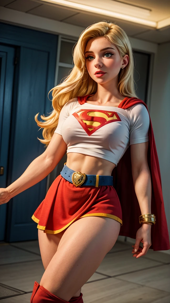 8K, Ultra HD, super details, high quality, high resolution. The heroine Supergirl looks beautiful in a full-length photo, her body is sculptural, her long wavy blonde hair is radiant in a perfect combination with her white skin, her bright blonde eyes mesmerize everyone. She is wearing her heroine outfit, a red skirt with a yellow belt, a very tight blue t-shirt with a big red S on the chest, Elta also wears a red cape and red boots. she looks very sexy drawing attention to her big breasts and thick legs as she flies through the sky.