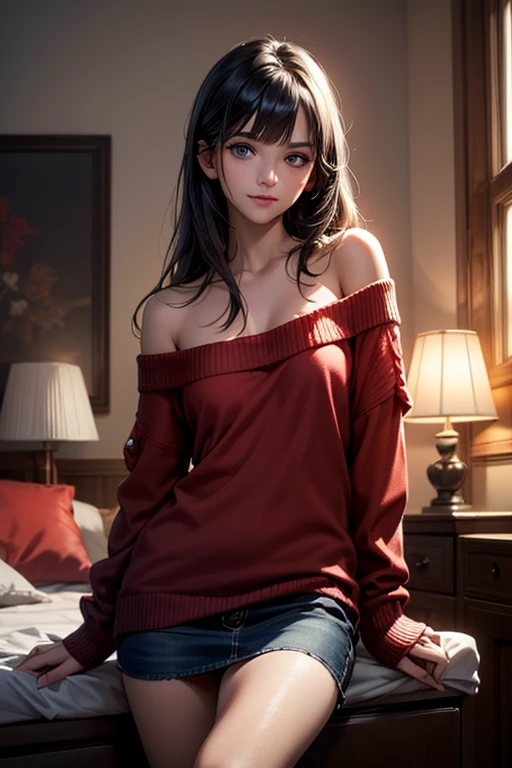 Masterpiece, best quality, high resolution, ultra detailed, slight smile, a woman long dark hair with bangs, light blue eyes, a beautiful girl looking at the camera, Frontal view, ((off-the-shoulder light red sweater,)) bare legs, night, warm interior room, image illuminated by a small lamp, depth of field, (half body: 0.6),