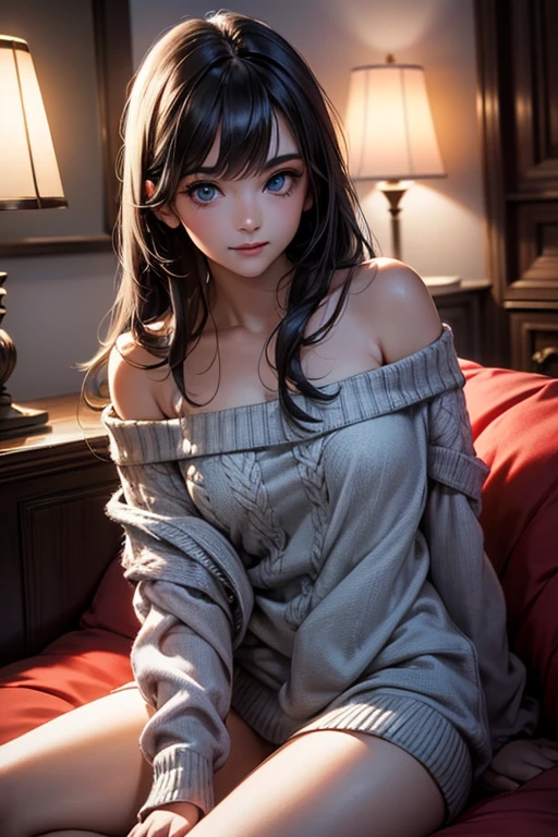 Masterpiece, best quality, high resolution, ultra detailed, slight smile, a woman long dark hair with bangs, light blue eyes, a beautiful girl looking at the camera, Frontal view, ((off-the-shoulder light red sweater,)) bare legs, night, warm interior room, image illuminated by a small lamp, depth of field, (half body: 0.6),