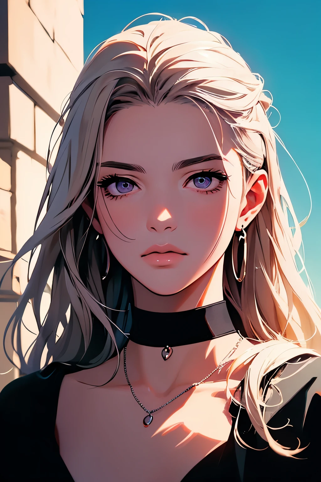 2d illustration, anime, a painting portrait in fine arts, in manhwa style, Bishamon from noragami, 1girl, blond long hair, big hair, curly hair, purple eyes, makeup, beautiful, high definition, masterpiece, best quality, high detail, high detailed eyes, grain filter, Detailed lips, high resolution, ultra-detalhado, retrato, mulher caucasiana, realista proportions, Anatomicamente preciso, bochechas rosadas; dark lighting, alta qualidade, premiado, high resolution, 8k,, summer, lascivo, film grain, Ilford HP5, 80mm, strong soman, confident, matching necklace (choker) and earrings, rindo, divertida, olhar penetrante, de frene para a camera, Braided hair