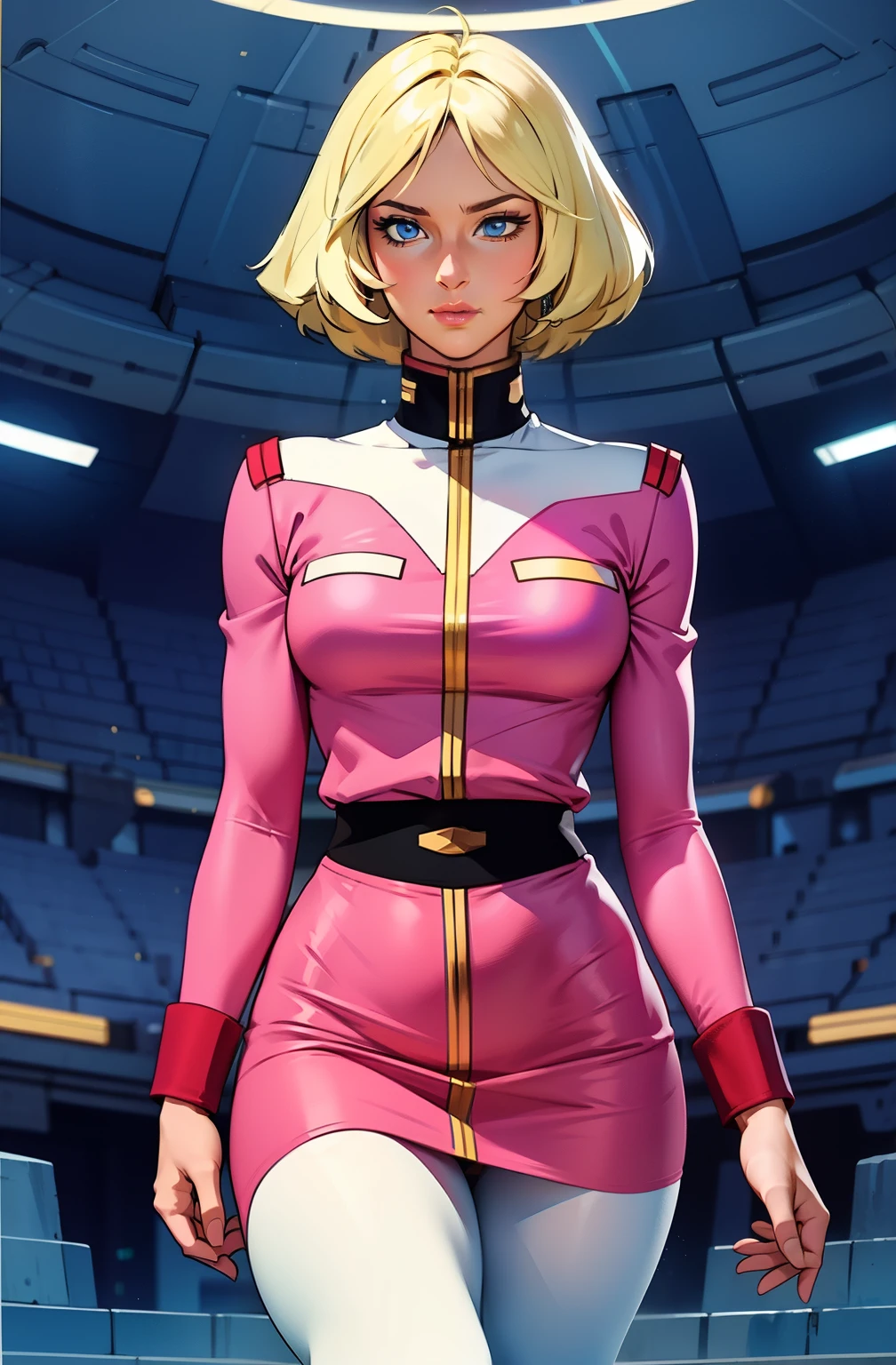 ((masterpiece)), ((cinematic lighting)), realistic photo、Real Images、Top image quality、1girl in, sayla mass, Elegant, masterpiece, Convoluted, slim arms, wide hips, thick thighs, thigh gaps, Best Quality, absurderes, high face detail, Perfect eyes, mature, Cowboy Shot, , Vibrant colors, soft pink uniform, soft pink Skirt, white tights