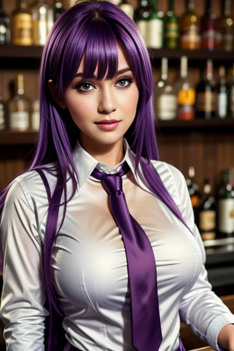 1girl, solo, bangs, blush, hand on own chest,long sleeves, looking at viewer, purple hair, large breasts, necktie, shirt, solo, ...