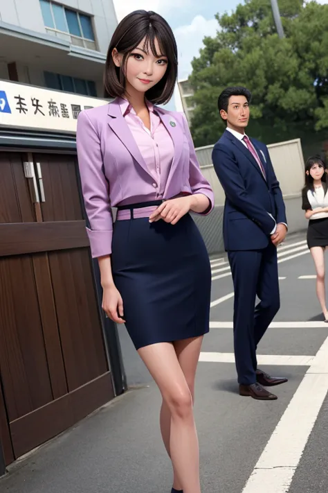 woman、japanese、35歳のwoman教師、cowboy shot、slim、beauty、well-groomed face、business suit with knee-length pencil skirt、walk towards th...