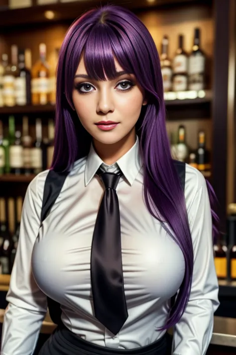 1girl, solo, bangs, blush, hand on own chest, jill stingray, long sleeves, looking at viewer, purple hair, large breasts, neckti...