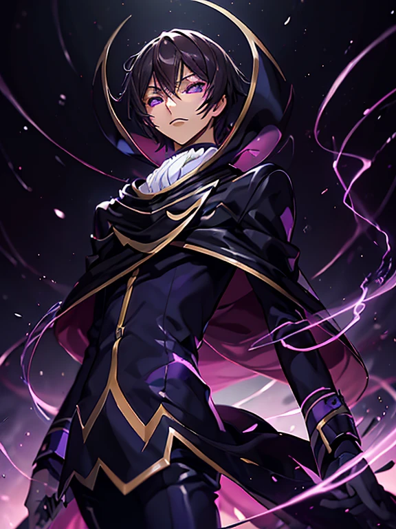 (Lelouch Lamperouge:1), cero (Code Geass), purple galaxy background, purple magic surrounding theme, (realista:1.2), (obra maestra:1.2), (foto de cuerpo completo:1),(tiro de vaquero:1.2), neon lighting, dark romantic lighting, (muy detallado:1.2),(cara detallada:1.2), (gradientes), vistoso, ojos detallados, (natural lighting:1.2), (postura neutral de pie:1.2), (solo, one person, 1 chica:1.5),