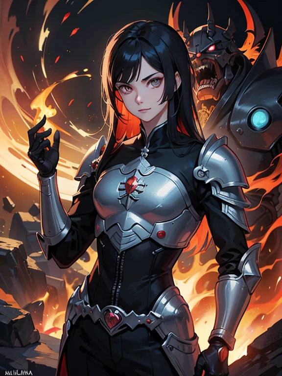 (mejor calidad,high resolution:1.2), detailed fantasy art,serious expression,ojos de robot,pelo largo y negro,sonrisa maligna, postura de lucha, diablo de tensei shitara limo datta ken, serious expression, el cabello es negro, los ojos son de robot, detailed fantasy art, postura de lucha, su sonrisa es malvada, cuerpo completo, fuego alrededor, He&#39;It&#39;s night and there is lightning in the sky., Diablo tiene un aura de dios