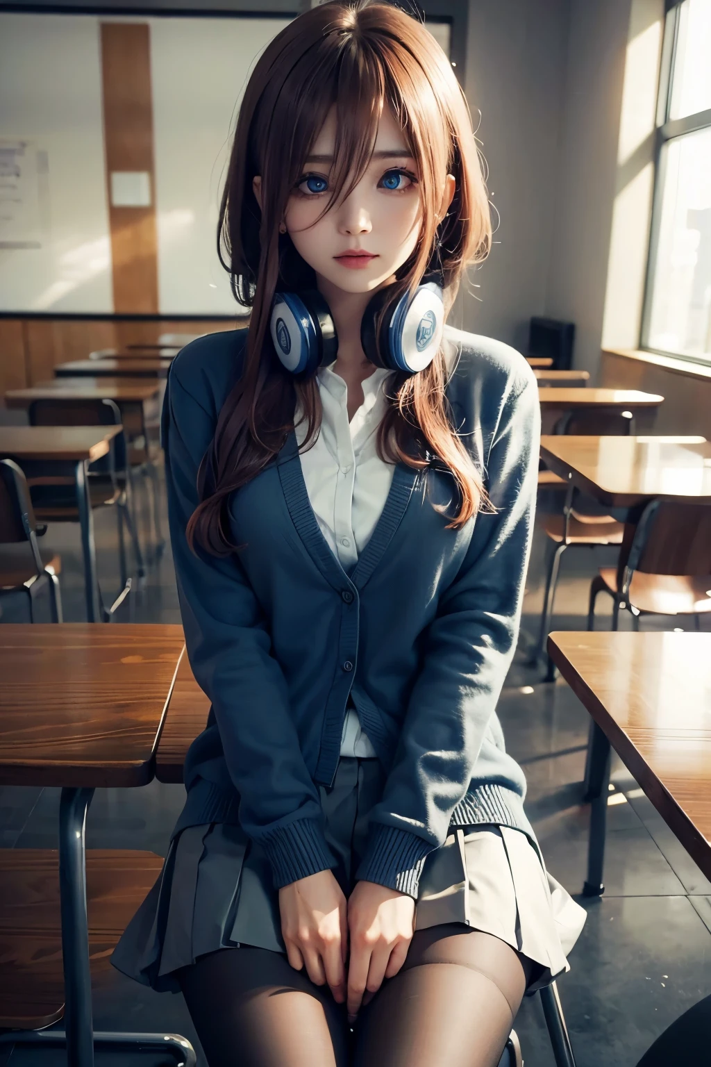 mikunakano, miku nakano, long hair, bangs, blue eyes, brown hair, shirt, hair between eyes, headphones, cardigan, headphones around neck,
BREAK skirt, shirt, long sleeves, white shirt, pantyhose, pleated skirt, black pantyhose, cardigan, green skirt, blue cardigan,
BREAK indoors, classroom,
BREAK looking at viewer, BREAK (masterpiece:1.2), best quality, high resolution, unity 8k wallpaper, (illustration:0.8), (beautiful detailed eyes:1.6), extremely detailed face, perfect lighting, extremely detailed CG, (perfect hands, perfect anatomy),