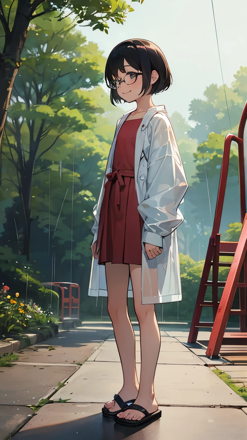 (high quality)，Two Girls，10 years old，Baby Face，Very short stature，very small flat chest，Very flat chest that looks like it might expand，Very thin limbs，Wear a transparent, large-sized jacket，naked，Glasses，sandals，Rainy season park，(Playground equipment in the park)，smile，blush，At dusk，rainy season， Ziyang flower，flower，bright，Bright color，watercolor, Ghibli style，Bruises and gestures，