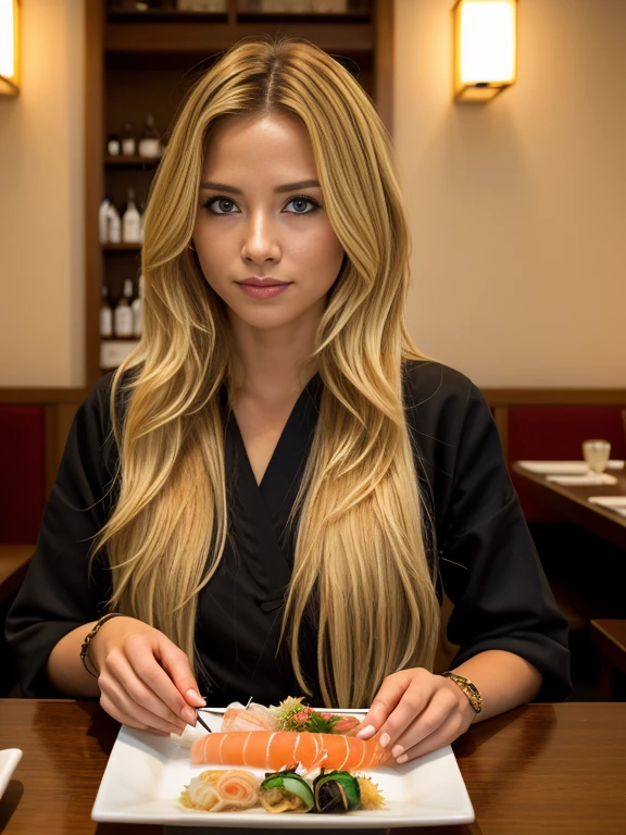 En un estilo fotorrealista, Mujer rubia de pelo largo bien vestida en el restaurante de sushi comiendo sushi