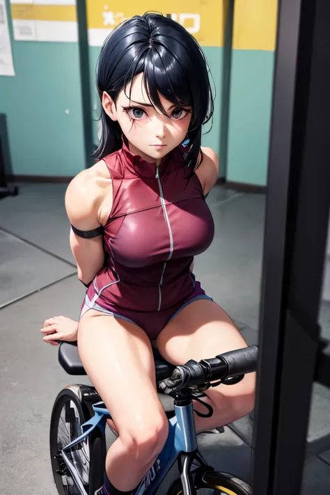 une femme assise sur une selle de cycle de gym, par shitao, pixiv, muscle! crossfit, portrait de mayuri shiina, soutien-gorge de...