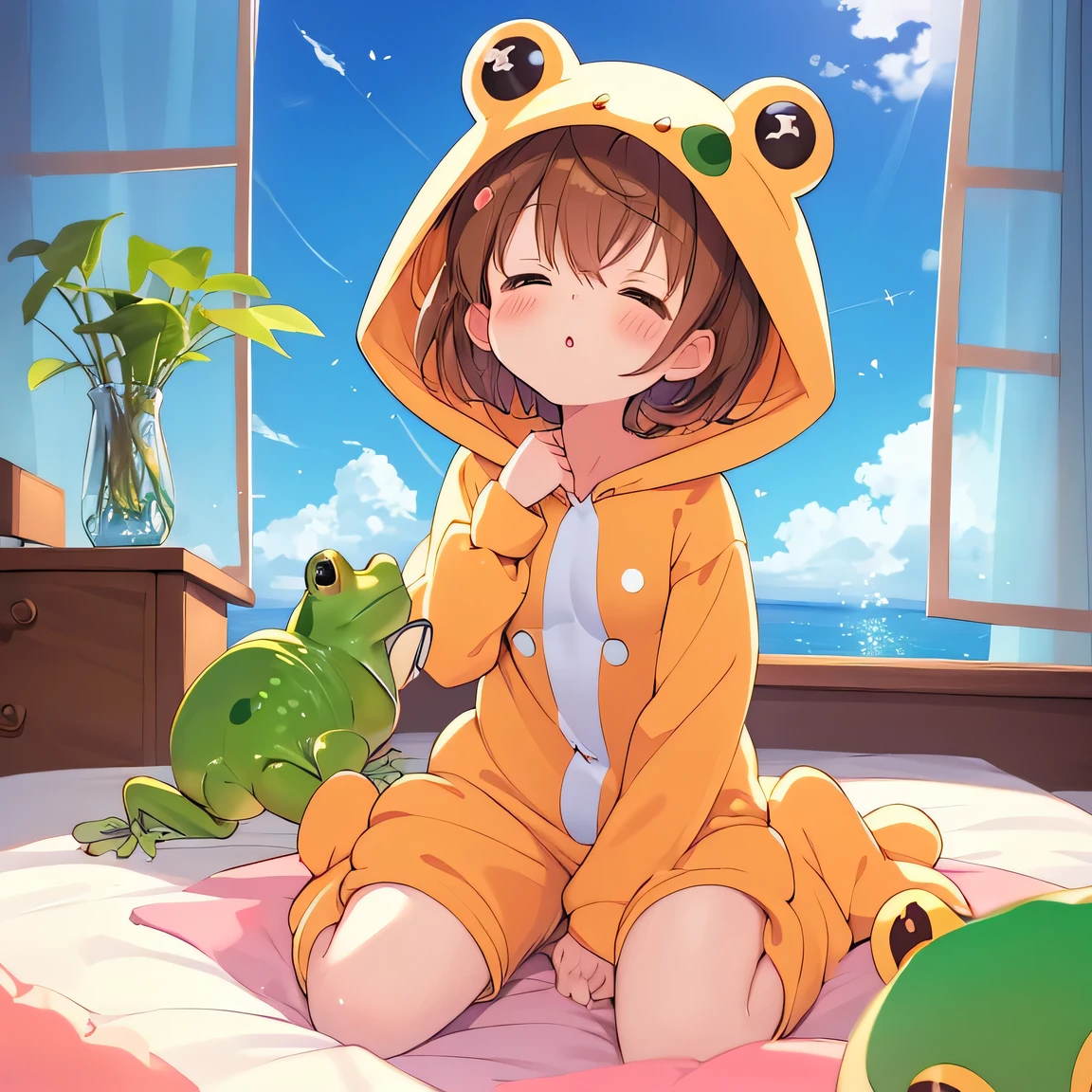 Anime girl in a frog costume sitting on a bed with a stuffed frog - SeaArt  AI